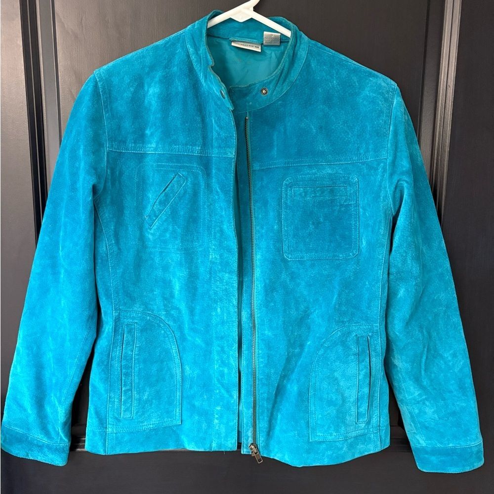 Chico’s Aqua Blue Suede Jacket Front Zip